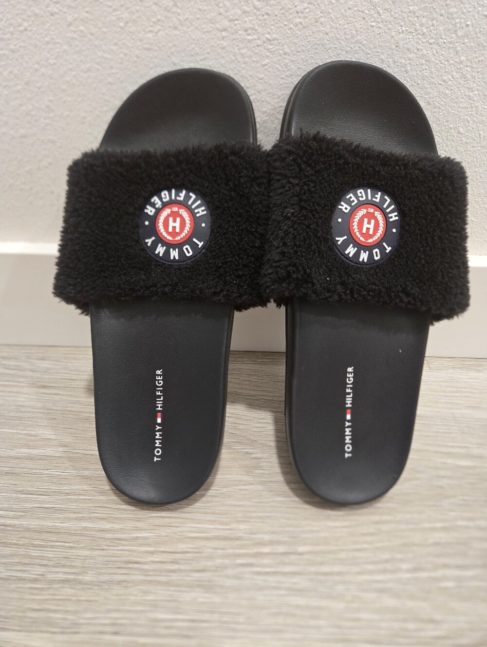Tommy Hilfiger Black Fuzzy Slide Sandals